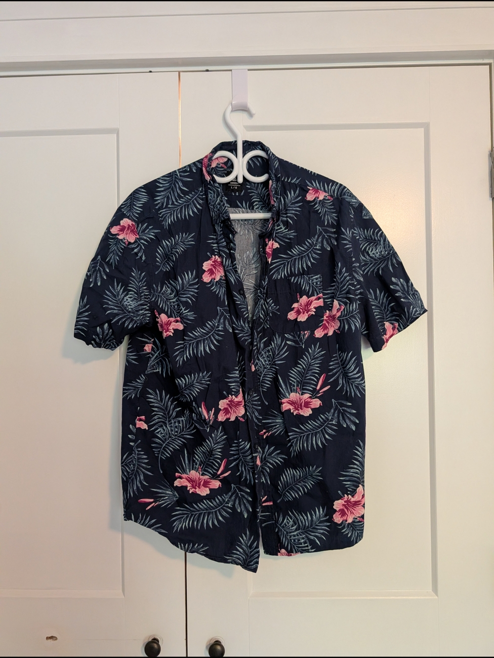 Amnesia Navy Tropical Button-Up with Pink Hibiscus